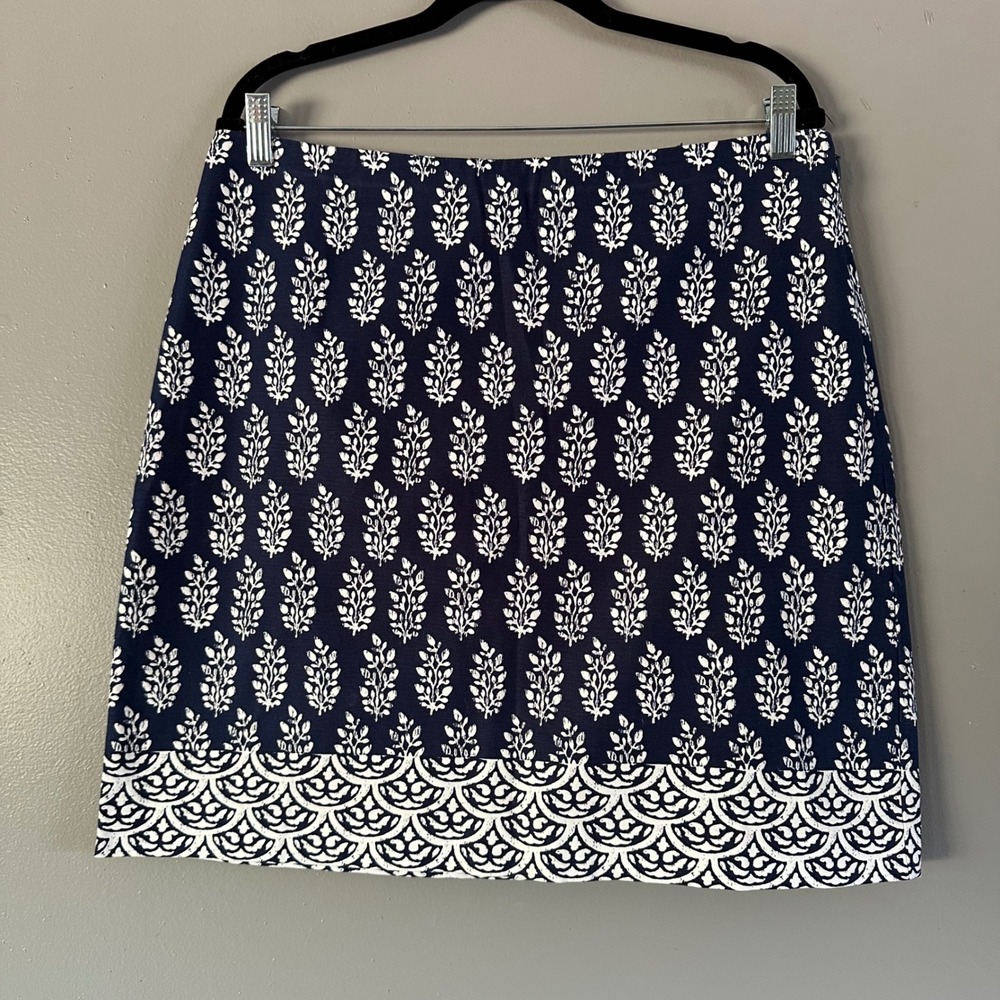Talbots Cotton Canvas A-Line Geo Print Skirt in Navy Blue + White Sz 12